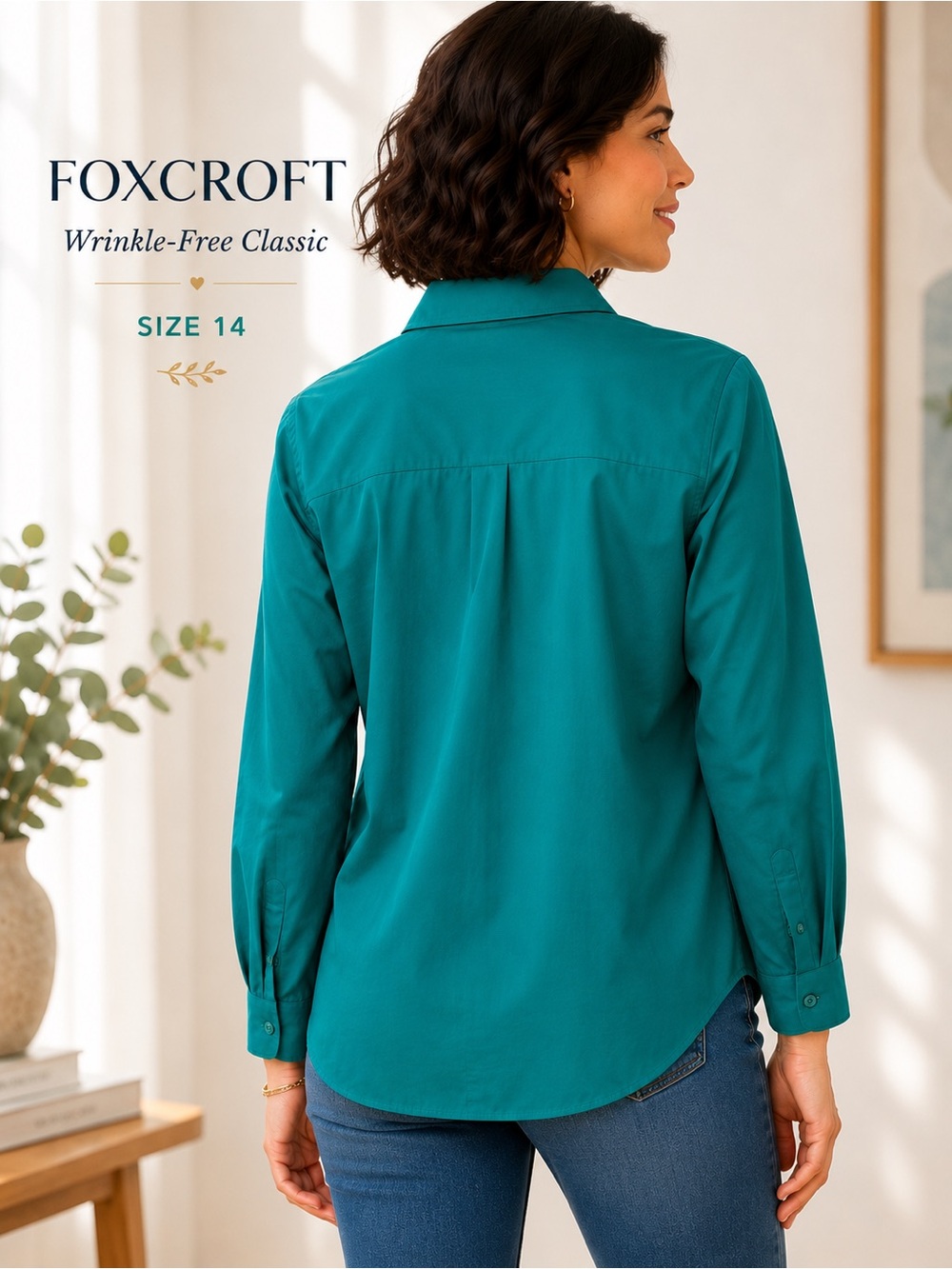 Foxcroft Wrinkle Free Green Button Front Career Blouse Size 14 Classic Shirt - Picture 2 of 8
